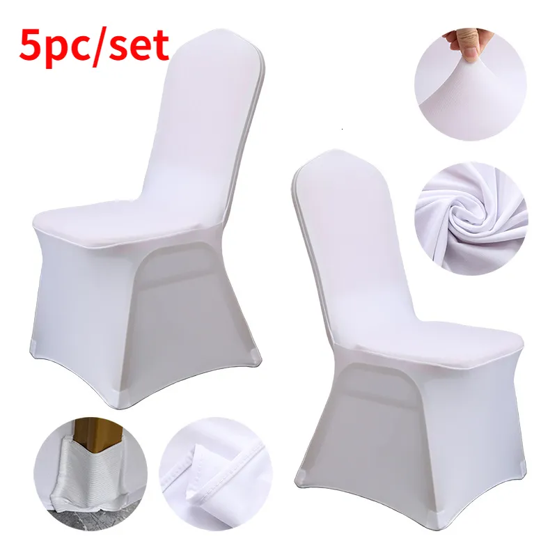 Stoelhoezen 5 STUKS Bruiloft Stoelhoes Doek Witte Stoelhoezen Reataurant Banket el Dining Party Lycra Polyester Spandex Outdoor 230613