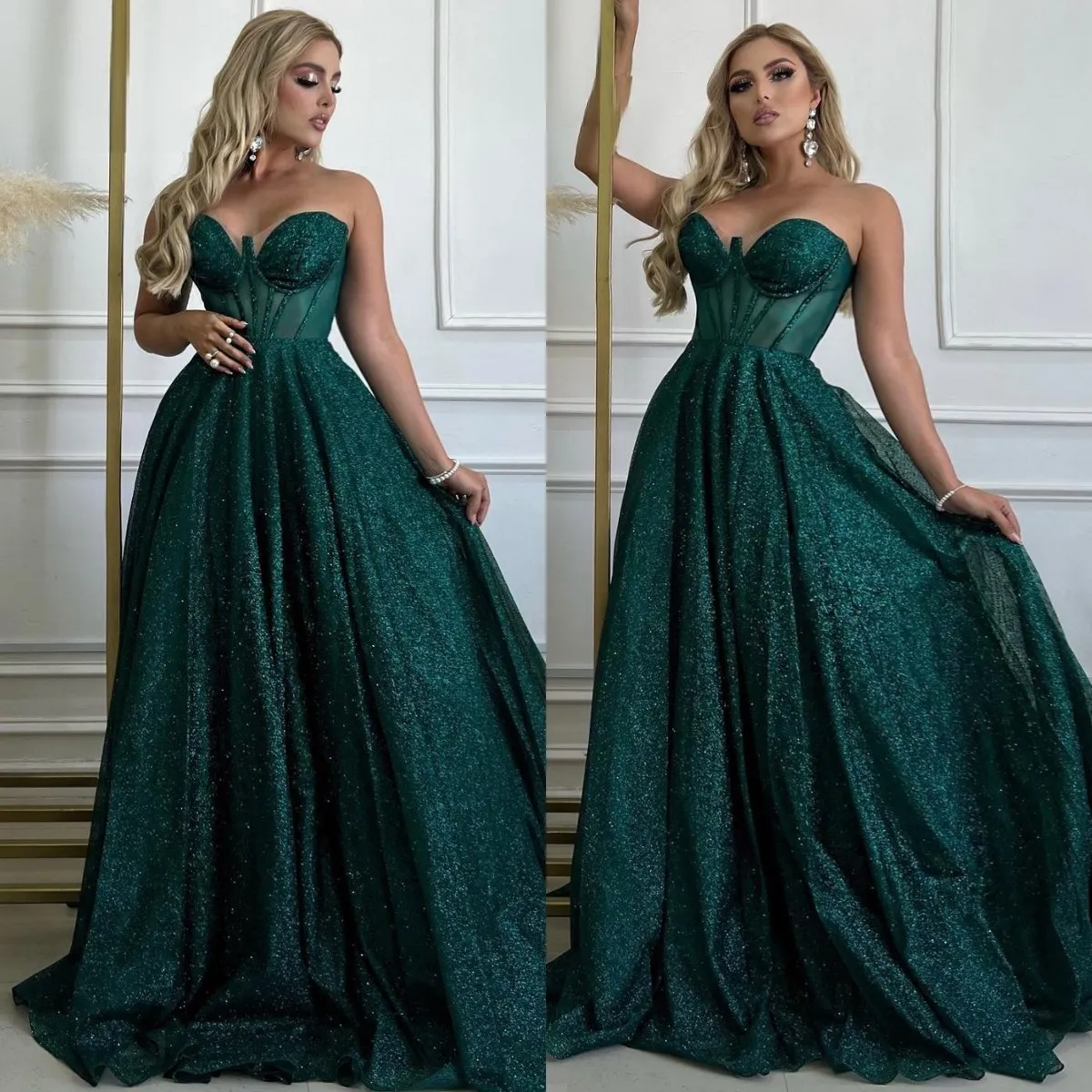 Luxury Dark Green Evening Gown Sweetheart Sequins A Line Party Prom Dresses Sweep Train Formal Long Dress for special occasion