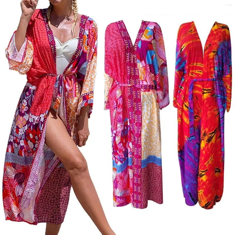 Women's Swimwear Boho Printed Kimono Cardigan Cover Up Women Summer Clothes Plus Size Long Sleeve Bikini Wrap Beach Wear Swim Suit