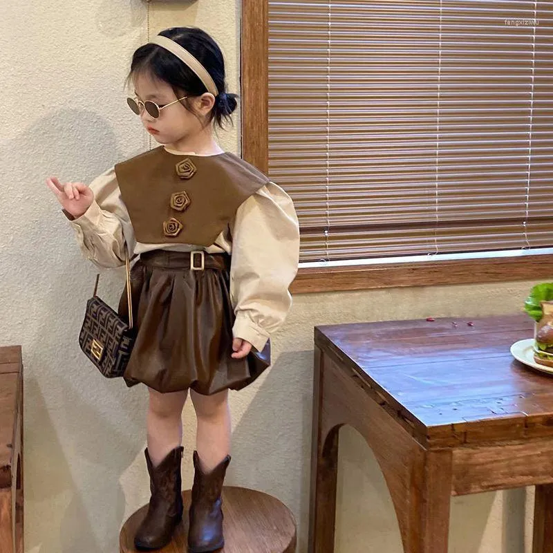 Clothing Sets Children 2023 Spring Autumn Girls Fashionable Korea Style Flower Shirt Small Leather Skirt Three Piece Set