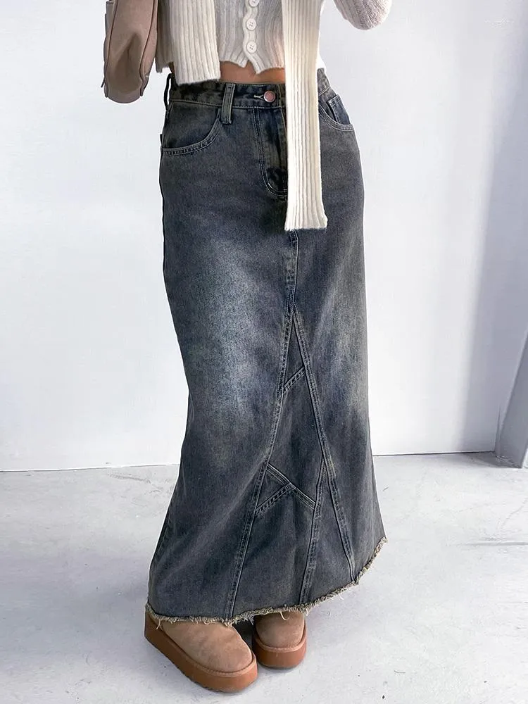 Kjolar 90-talets maxi denim kjol kvinnors vintage y2k a-line tassel jean med rygg slits fray hem grunge acubi estetic