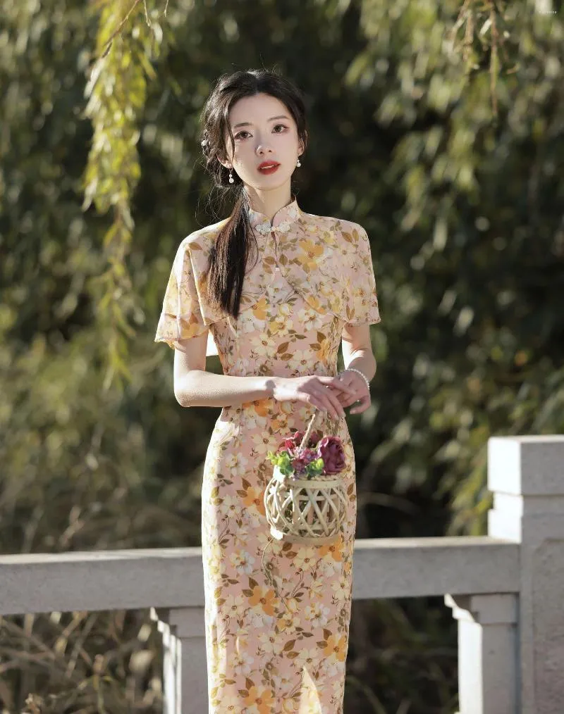 Abbigliamento etnico Migliorato stampa floreale Cheongsam manica corta abito vintage donna stile cinese elegante lungo Qipao