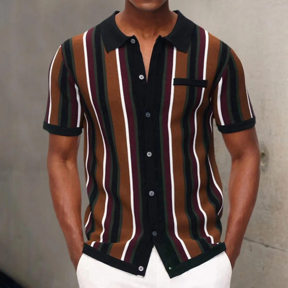 Mens Polos Summer Sticked Polo Shirt Kontrast Färg Singelbröst Kort ärm Stripe Print Topps Male Clothes 230614