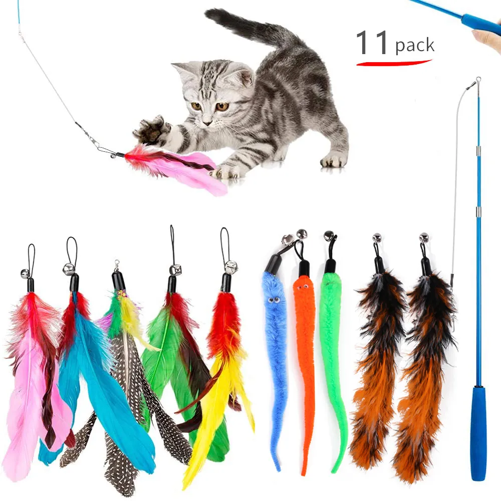 Fournitures pour animaux de compagnie jouet pour chat Type de canne à pêche trois sections rétractable chat Teater bâton anneau papier plume chenille ensemble de remplacement