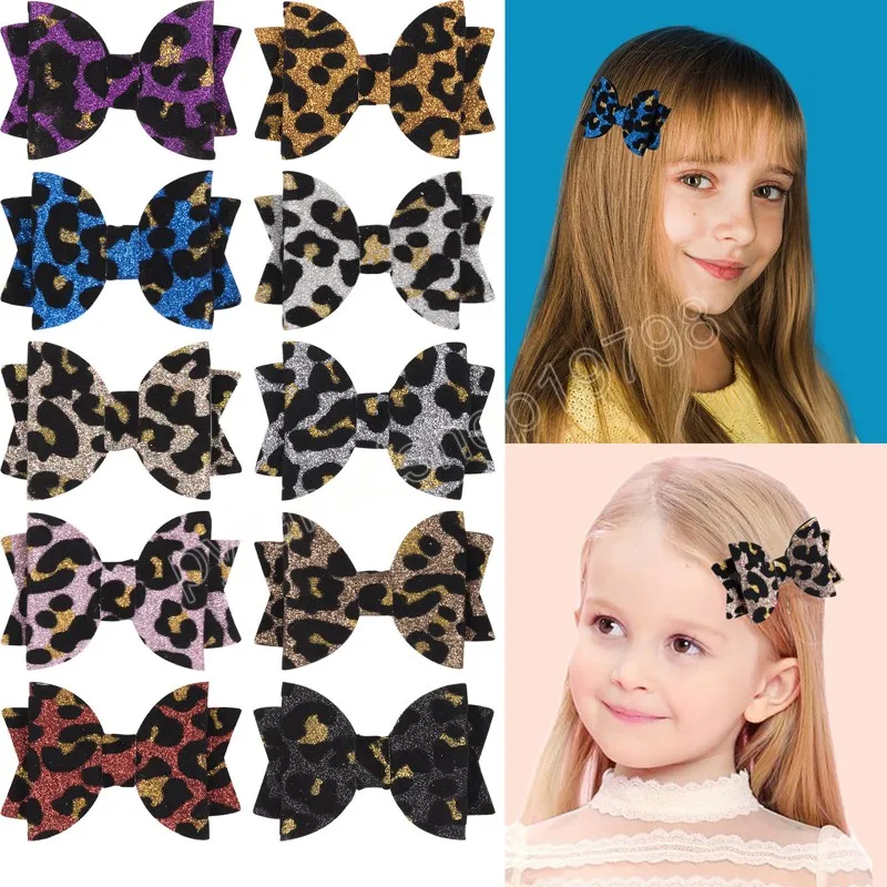 Småbarn glitter paljetter bågar hårklipp söt leopard tryck bowknot bangs hårnål baby flickor huvudkläder kläder dekoration