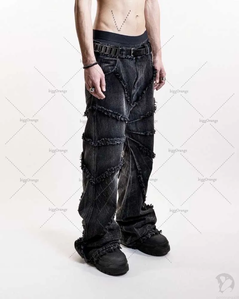 Men's Y2K Punk Black American Street Rock Retro High Waist Oversized Jeans  2024 New Raw Edge Washed Straight Wide Leg Trousers