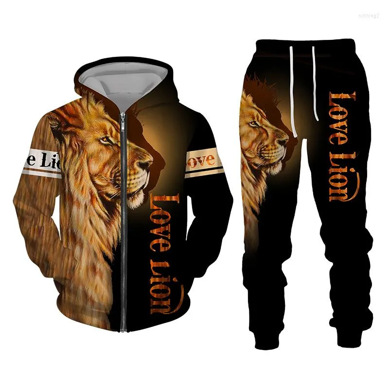 Herrespår 3d tryck lejon mode män kvinnor crewneck zip hoodies byxor plus size s-7xl harajuku man kläder fyra säsonger