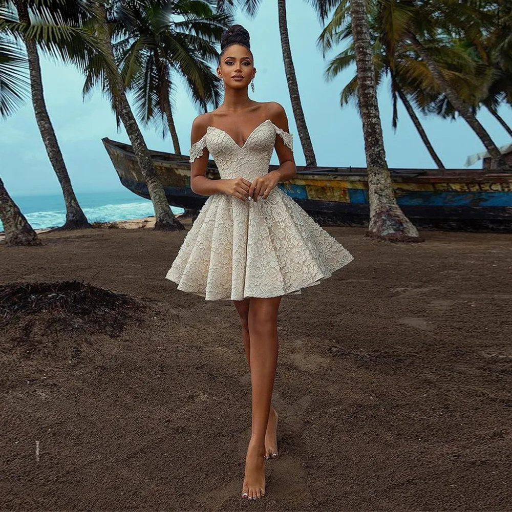 Off-Shoulder Full Lace A-Line Sparkly Wedding Reception Dress with Ruffles Skirt - Unique Mini Wedding Gown for Bride and Cocktail