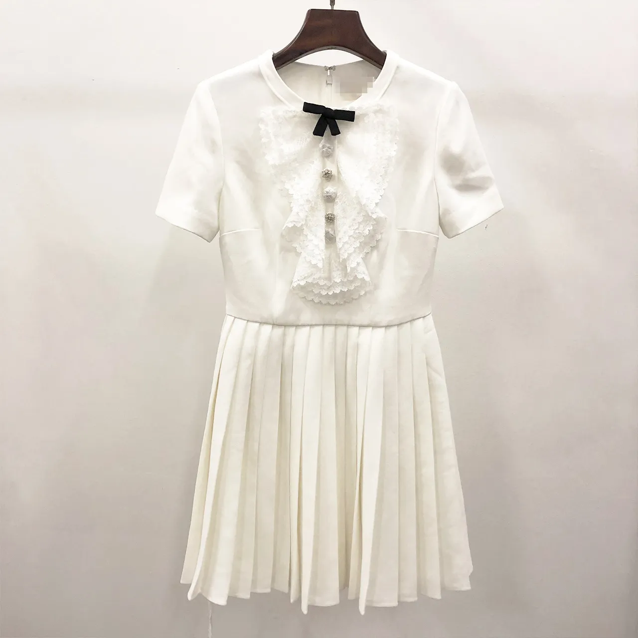 Vestidos casuais S-elf retrato branco laço renda doce vestido plissado