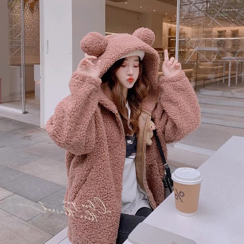 Trench da donna The Bear Big Ear Cappotto in lana di agnello Autunno femminile e inverno Versione coreana Top casual sottile e spesso