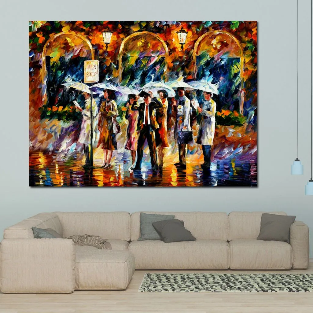 City Rhythms Wall Art op Canvas Bus Stop Handcrafted Contemporary Painting voor Entryway
