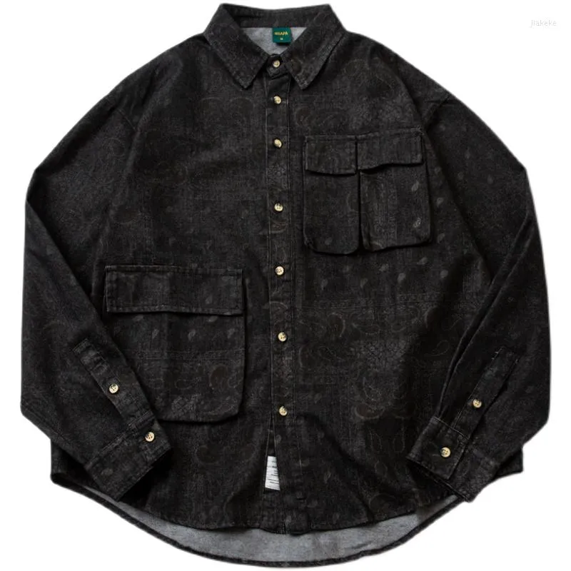 Camisas casuales para hombres Flor de anacardo japonés Peris Serie oscura Estilo de trabajo con múltiples bolsillos Camisa de manga larga para jóvenes para hombres Camisa de mezclilla Lavado suelto Negro