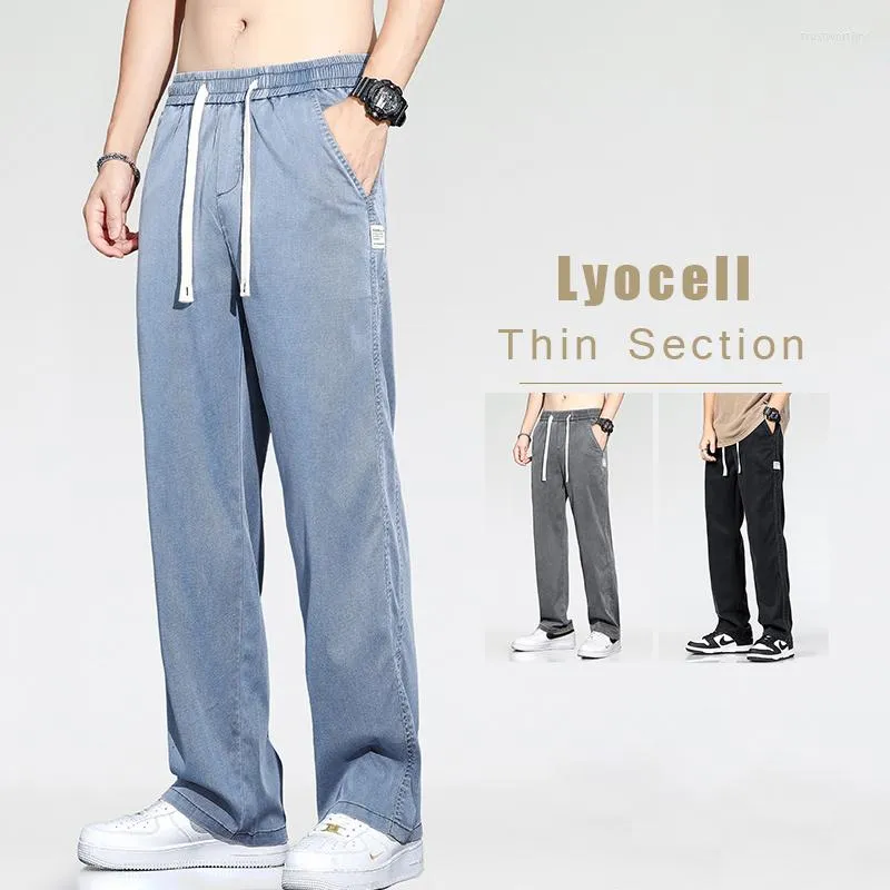 Jeans pour hommes été minces hommes Lyocell tissu pantalon mode corée décontracté ample droite taille élastique jambe large Cool glace soie pantalon