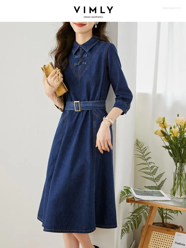 Casual Kleider Vimly Chinesischen Stil Denim Kleid für Frauen 2023 Frühling Mode Eine Linie Schlanke Gürtel Taille Große Schaukel Midi weibliche Vestidos