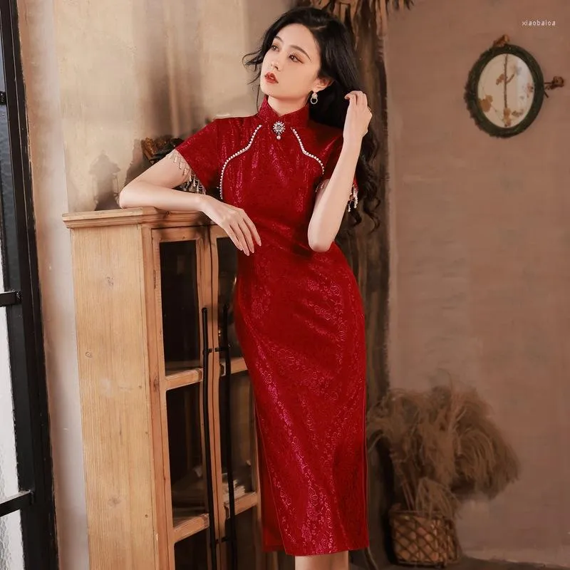 Etnische Kleding Verbeterde Bourgondische Cheongsam Korte Mouw Vintage Jurk Vrouwen Elegante Chinese Stijl Kraal Qipao