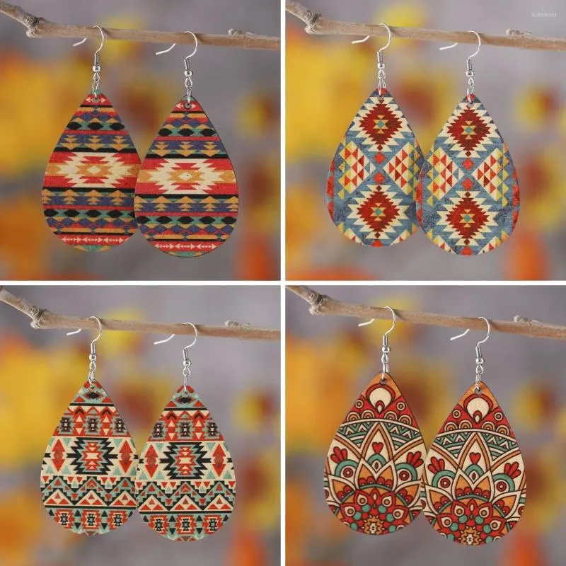 Brincos pendentes feminino boêmio étnico ocidental padrão asteca dupla face gotas de madeira joias presente de aniversário