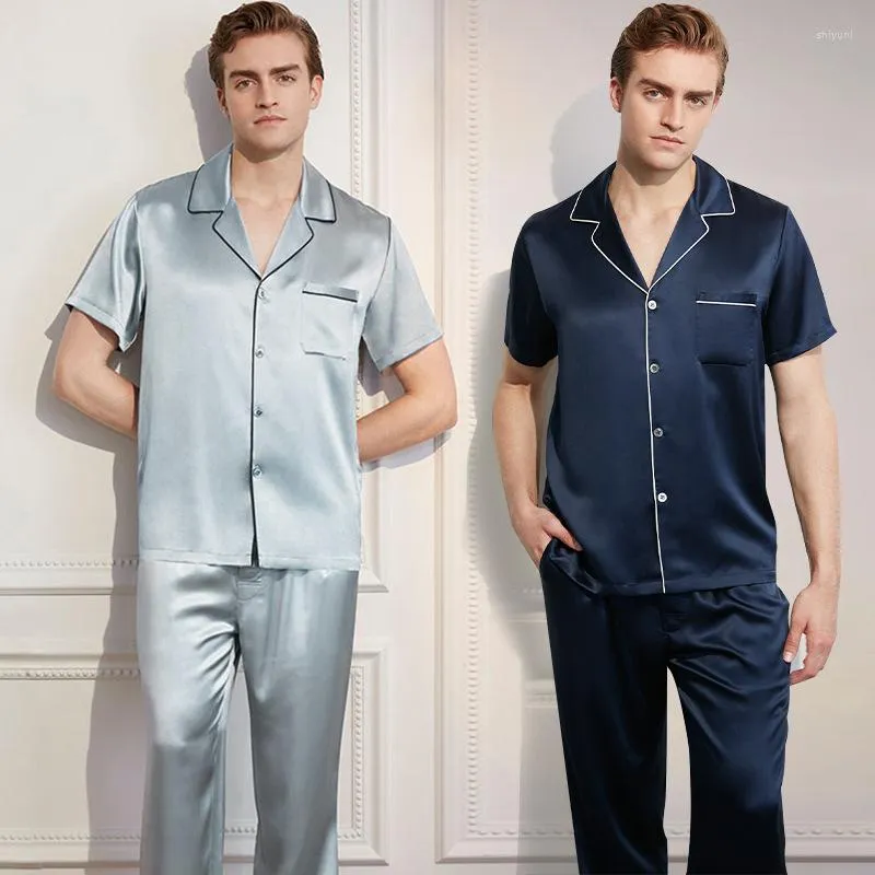 Mannen Nachtkleding Merk Top Kwaliteit 60S Lyocell Satijn Zijden Pyjama Set Voor Mannen Zomer Luxe Korte Mouwen broek Pijamas Mannelijke Thuis Kleding