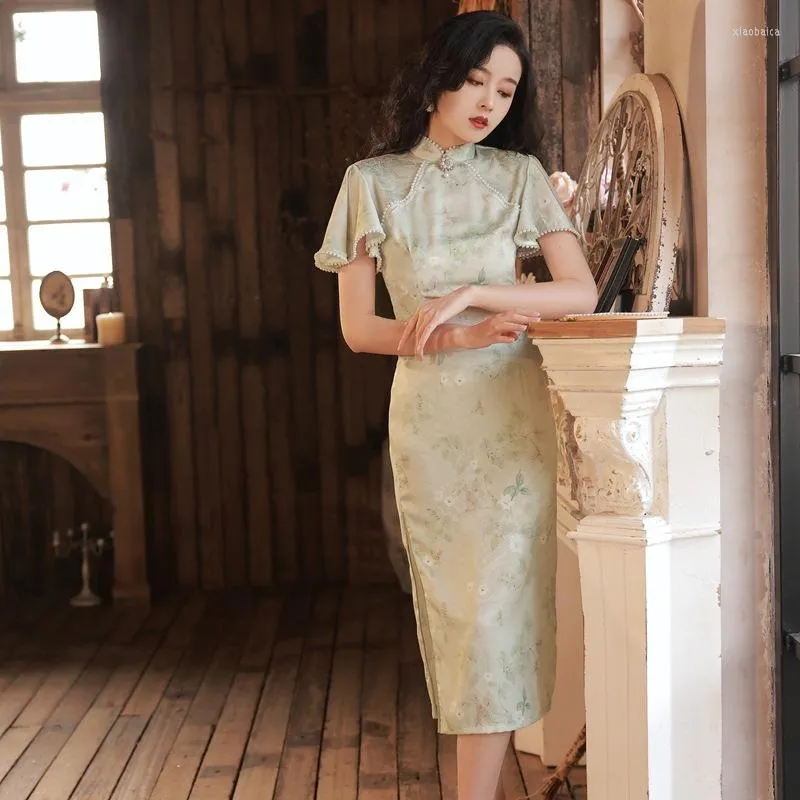 Vêtements ethniques élégant vert clair imprimé fleuri Qipao robe moderne chinois traditionnel femmes col Mandarin Cheongsam