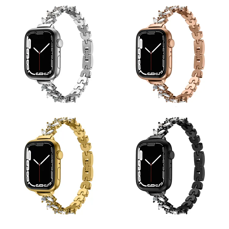 Bracelet Bling Bracelet de montre en métal pour iWatch Series 7 6 5 4 3 2 1 8 SE Ultra 38 mm 40 mm 41 mm Femmes Dressy Luxury Diamond Smart Watch Strap Remplacement pour iWatch Bands