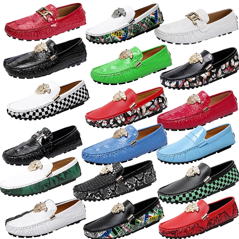 Marca de lujo LeItalian Diseñador Cocodrilo Patrón Genuino Mocasines brillantes Zapatos Hombres Zapatos de mujer Hebilla de metal Negro Blanco Rojo Azul Zapato de conducción Zapatos de vestir planos