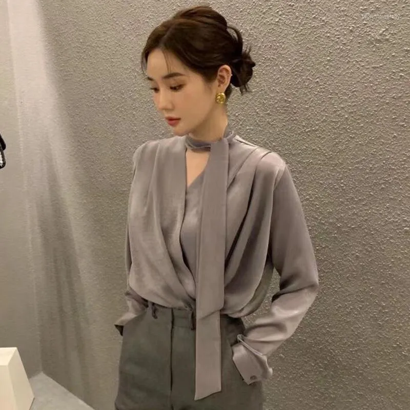 Bluzki damskie Wdmsna Temperament Wstążka V Neck Kobiety luźne puff rękawy plisowana koszula Korean Spring Fashion Solid Color Blusas