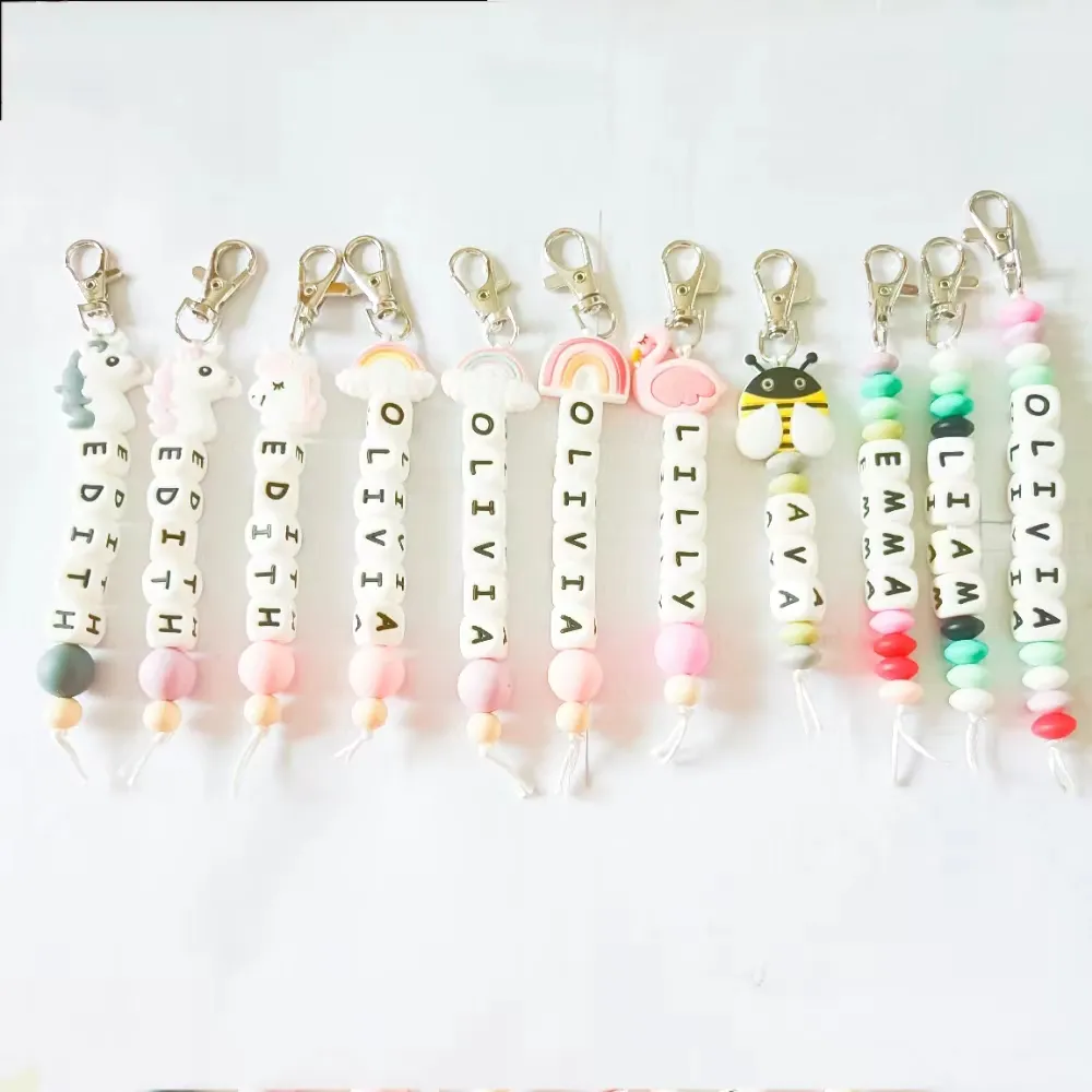 Cross border beaded food grade silicone letter key chain Personalized rainbow creative Keychain Wholesale multi color optional