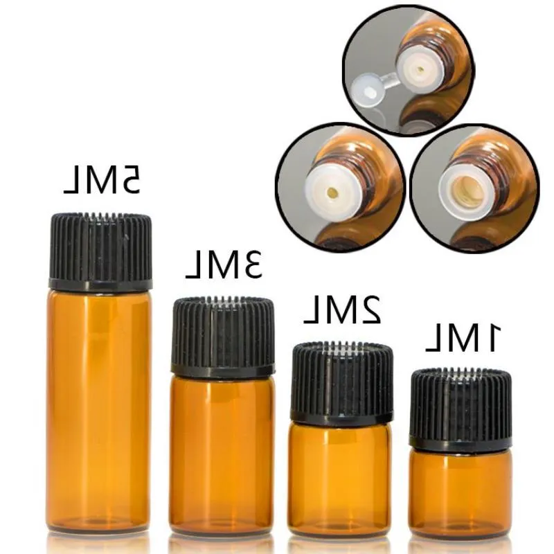 Amber Glass Essential Oil E Liquid Bottles 1 2 3 5 Ml Glass Test Tube Vial With Plastic Stopper Black Cover JQFMS