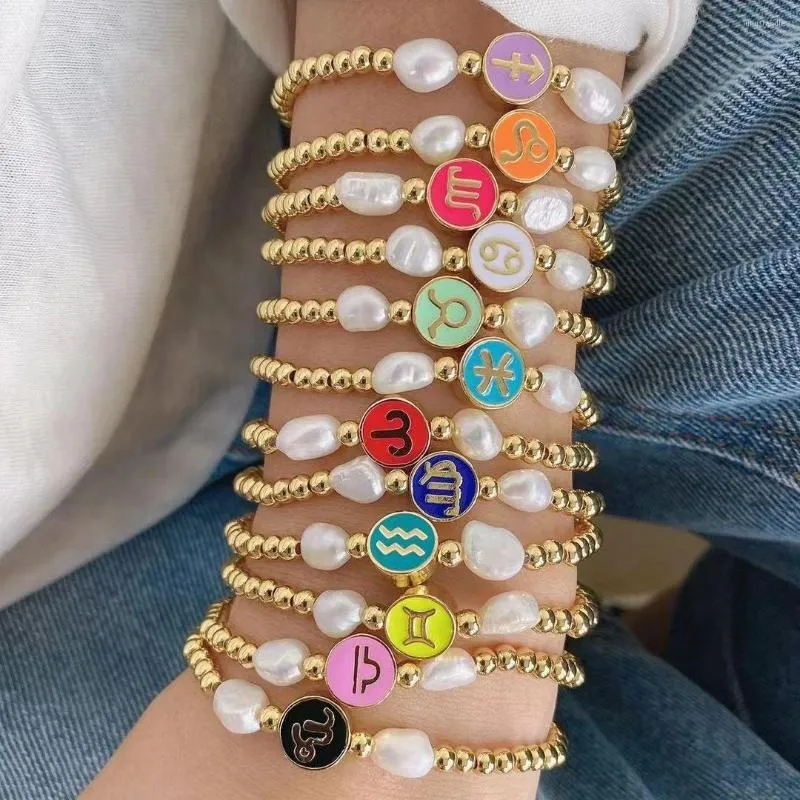 Pulseras de eslabones, 5 uds., chapadas en oro, coloridas, redondas, doce cuentas espaciadoras del zodiaco, perlas, cobre, pulsera elástica, joyería