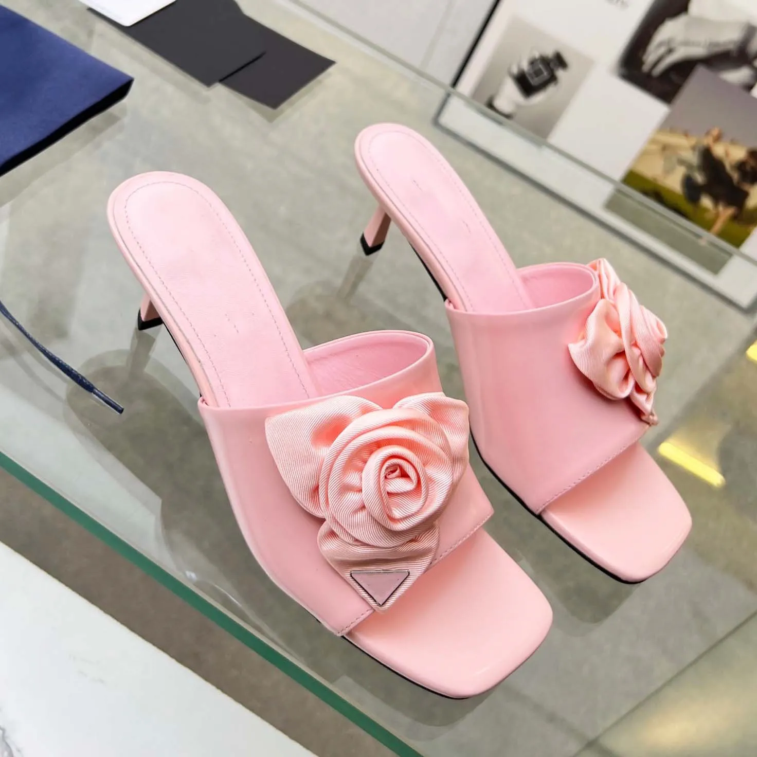 New arrival Rose sandals Leather designer triangle slipper women Stylish and comfortable luxury High-heeled sandal Wedding dress shoes 03