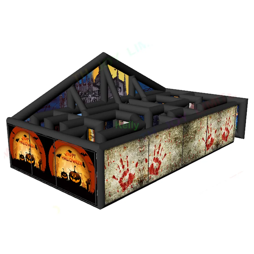Utomhusaktiviteter gratis luftfrakt (33x16.5x11.5ft) med fläktjätten svart uppblåsbar spökhus labyrint ny full tryck uppblåsbar tagglaze för halloween fest