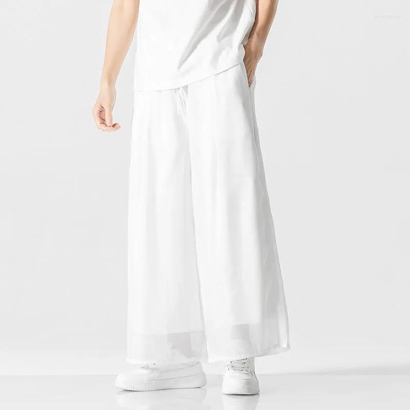 Мужские брюки 2023 Весна лето белые хакама мужские мужчины широкое дно Wushu хлопковое льня