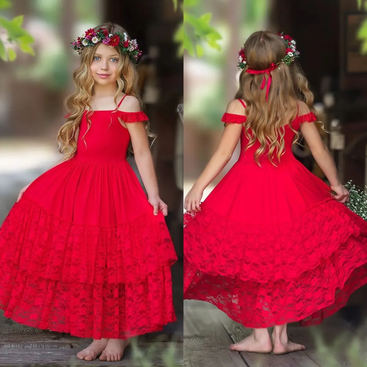 Rode meisjes jurken spaghetti gelaagde kanten rok een lijn bruiloft bloemenmeisje gastheer verjaardag jurk