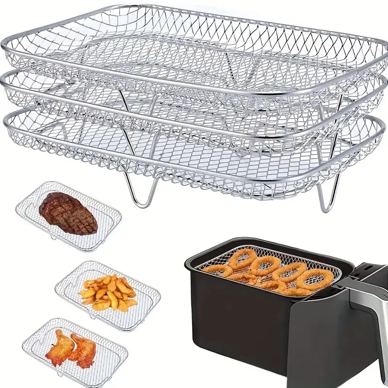 1PC/1Set Air Fryer Akcesoria, trzywarstwowy kwadratowy stojak na grilla, stojak na parę, stojak na stal nierdzewną, stojak na odwodnienie, kosz z grilla