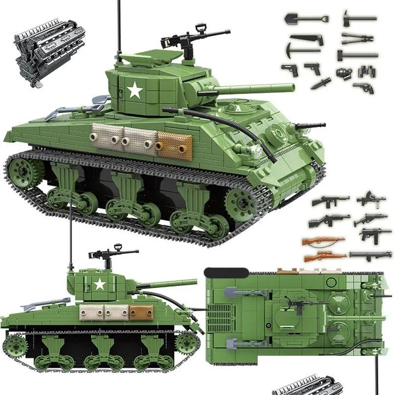 Blocks 726Pcs Military Us Sherman M4A1 Tank Building Ww2 City Children Soldier Weapon Bricks Kids Diy Toys Gifts 220715 Drop Delivery Dhenm