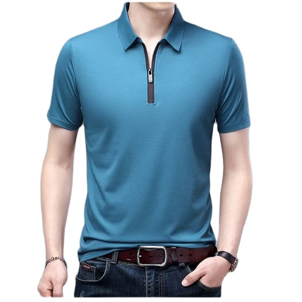 Hommes Polos Glace Soie Cool Polo T-shirt À Manches Courtes Demi Été Grand Mince POLO Zipper Top 230614