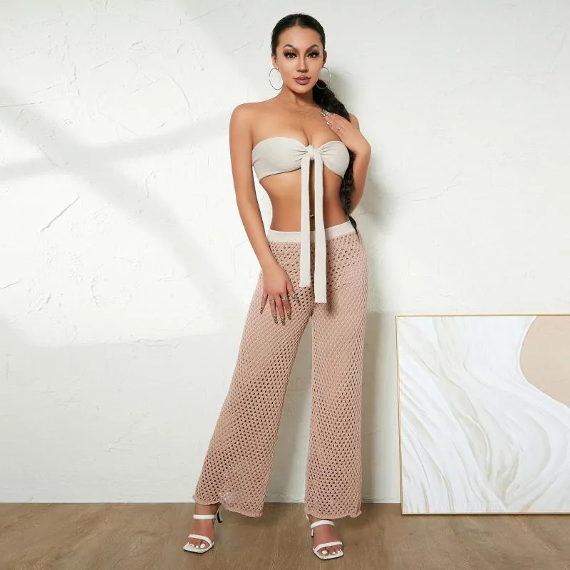 Dames badmode zomer sexy 2-delige strandpakken voor dames off-shoulder geknoopte crop tube tops uitgehold haak hoge taille cover-ups broek