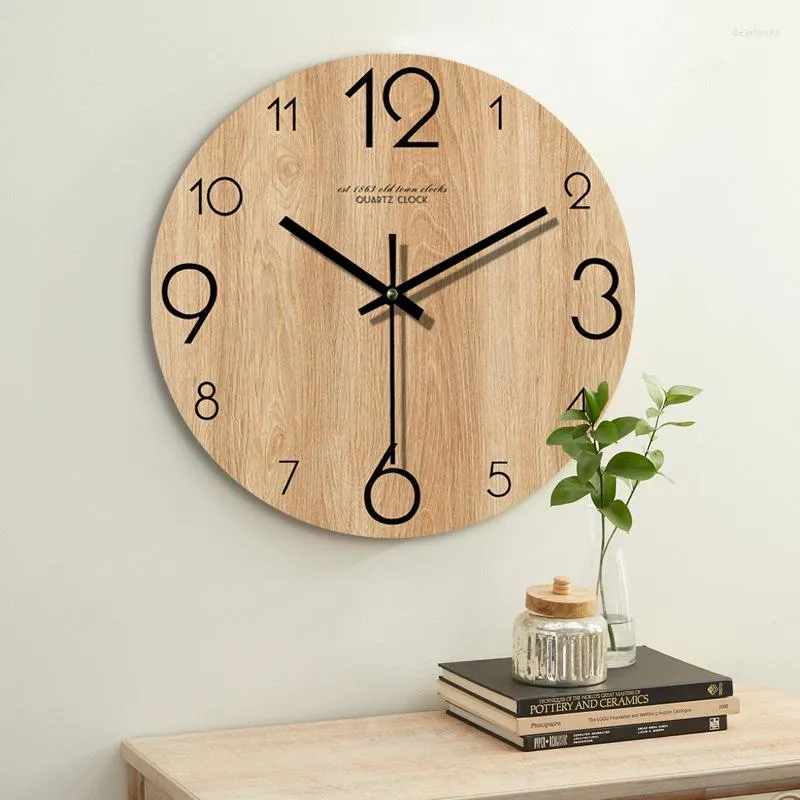 Wall Clocks 12 Inch 3D Clock Vintage Wooden Board Round Non Ticking Nordic Brief Living Room Decoration Kitchen