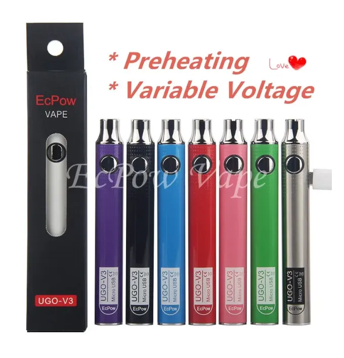 Ecpow UGO V3 V II 510 Thread Batteria Voltaggio variabile Micro USB ricaricabile EGO Vape Pen 650 900 mAh Evod VV Preriscaldamento PassthroughCaricatore