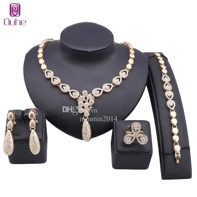 Dubai Gold Color Nigerian Crystal Necklace Bracelet Earrings Ring Women Italian Bridal Jewelry Sets Wedding Accessories