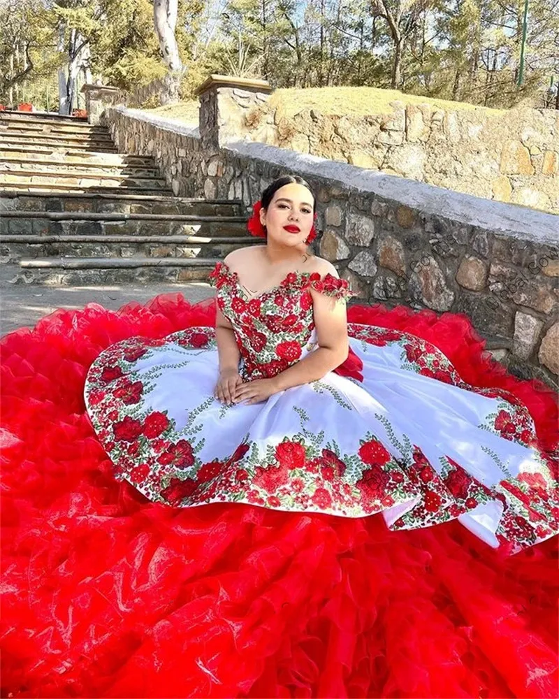 México vermelho fora do ombro vestido de baile quinceanera vestido para meninas apliques vestidos de festa de aniversário babados em camadas vestidos de baile 322