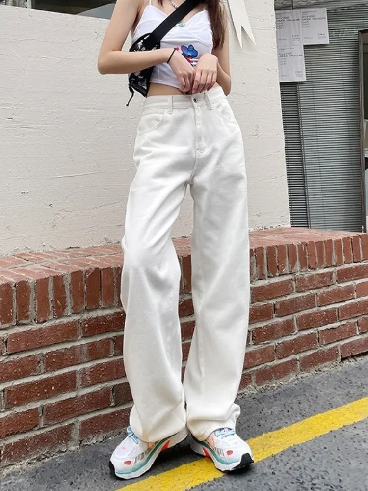Femmes Jeans Femme Casual Taille Haute Jambe Large Denim Pantalon Long Blanc Pantalon Streetwear Vintage Harajuku Droite Vert 230614