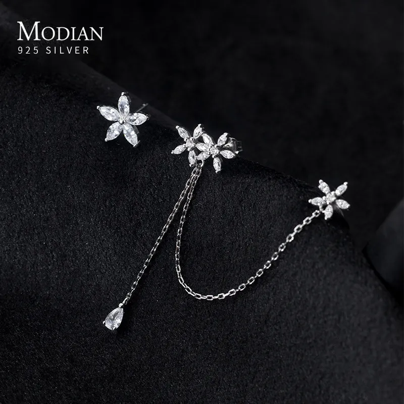 Ear Cuff Modian Fashion 925 Sterling Silver Sweet Romantic Flower Tassel Long Chain Clips Earrings for Women Fine Jewelry No Pierced Ears 230614