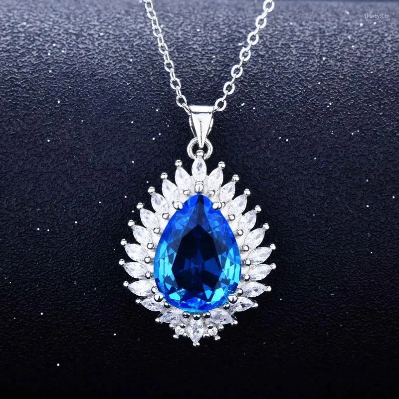 Pendentif Colliers Bijoux Fins De Luxe Goutte D'eau En Forme De Poire Flamme Collier Incrustation Zircon Cubique Bleu Accessoires De Fête De Mariage Pour Femmes