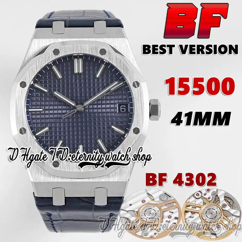 2022 BFF bf15500 CAL.4302 bf4302 Automatisch 41 mm herenhorloge Roestvrijstalen kast Blauwe getextureerde wijzerplaat Witte stokmarkeringen Leren band Super Edition eternity horloges