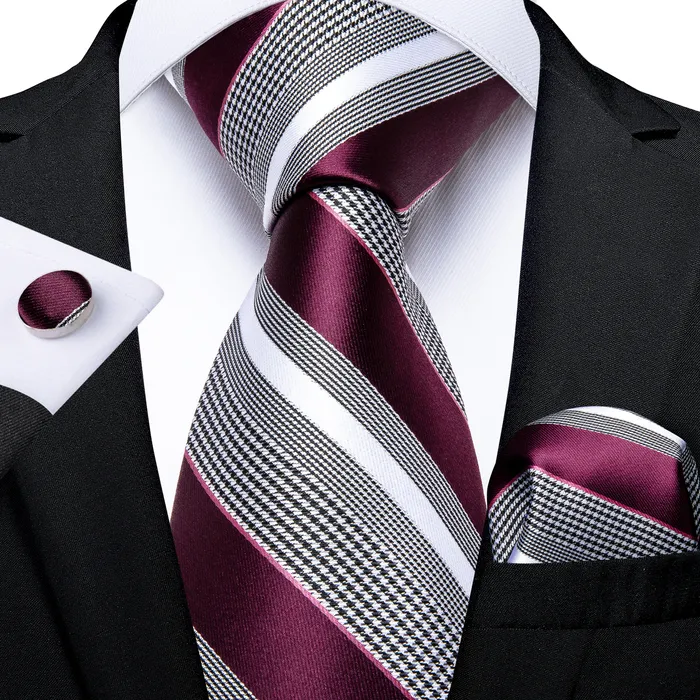 Neck Ties Fashion Striped Tie For Men Red Wine White Silk Wedding Tie Hanky Cufflink Gift Tie Set DiBanGu Novelty Design Business MJ-7337 230613