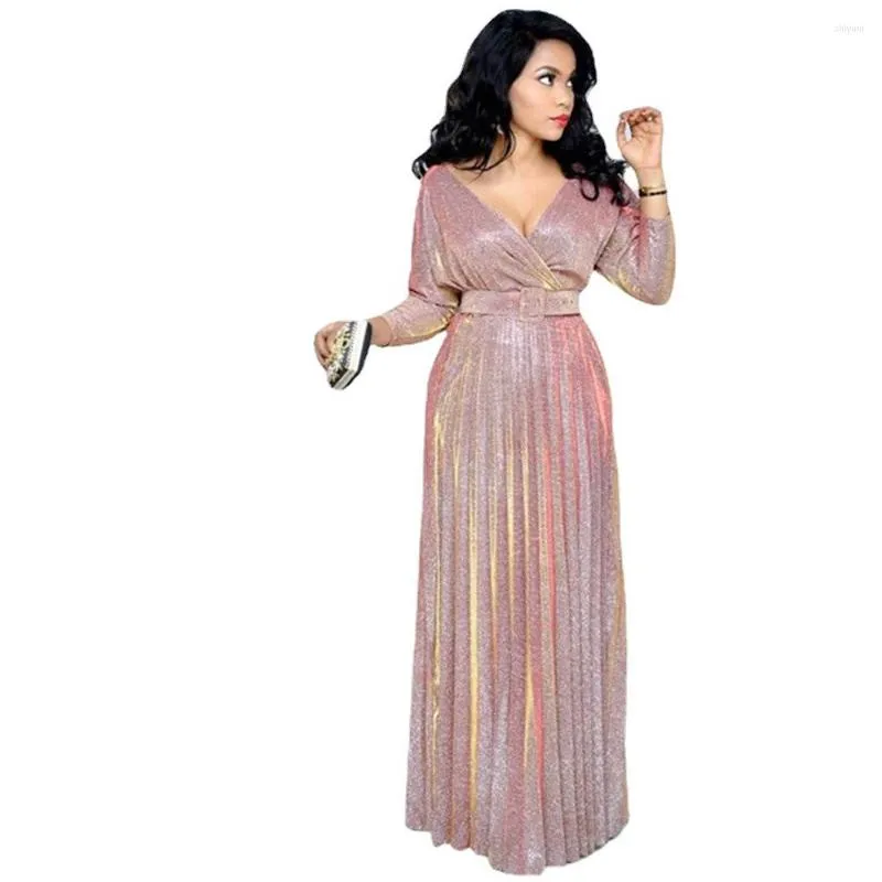 Women's Swimwear Long-Sleeved Pleated Maxi Skirt With Belted Glitter Evening Dress