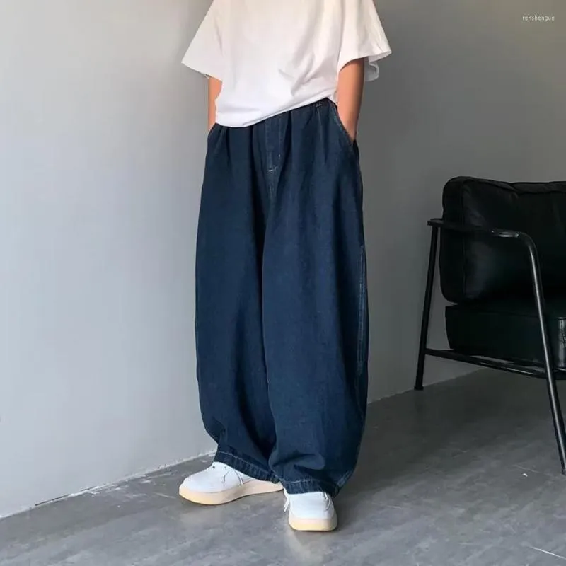 Mäns jeans mitten av elastiska midjebandsmän fickor med fast färg Hip Hop Overized Wide Leg Denim Pants Streetwear