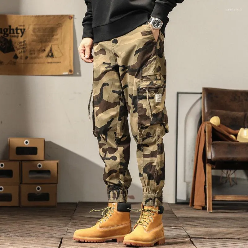 Calças masculinas americanas masculinas retrô camuflagem militar solta leggings resistentes masculinas slim fit bolso grande algodão puro roupas de trabalho casuais