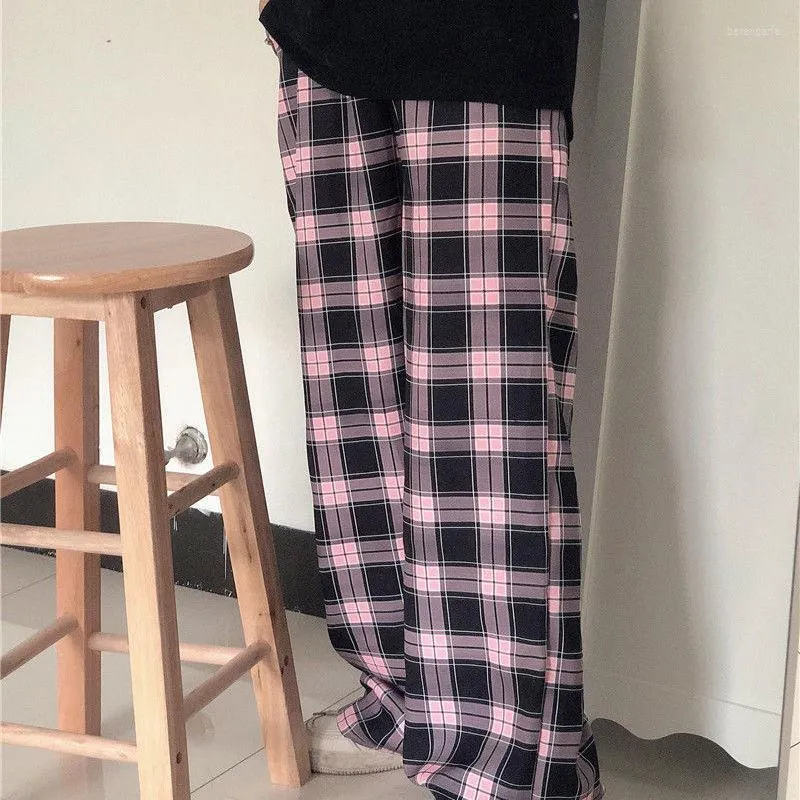 Women's Pants Vintage Plaid Women Summer Casual Loose Elastic Waist Trousers Harajuku High Bottom Streetwear Mujer Y2k