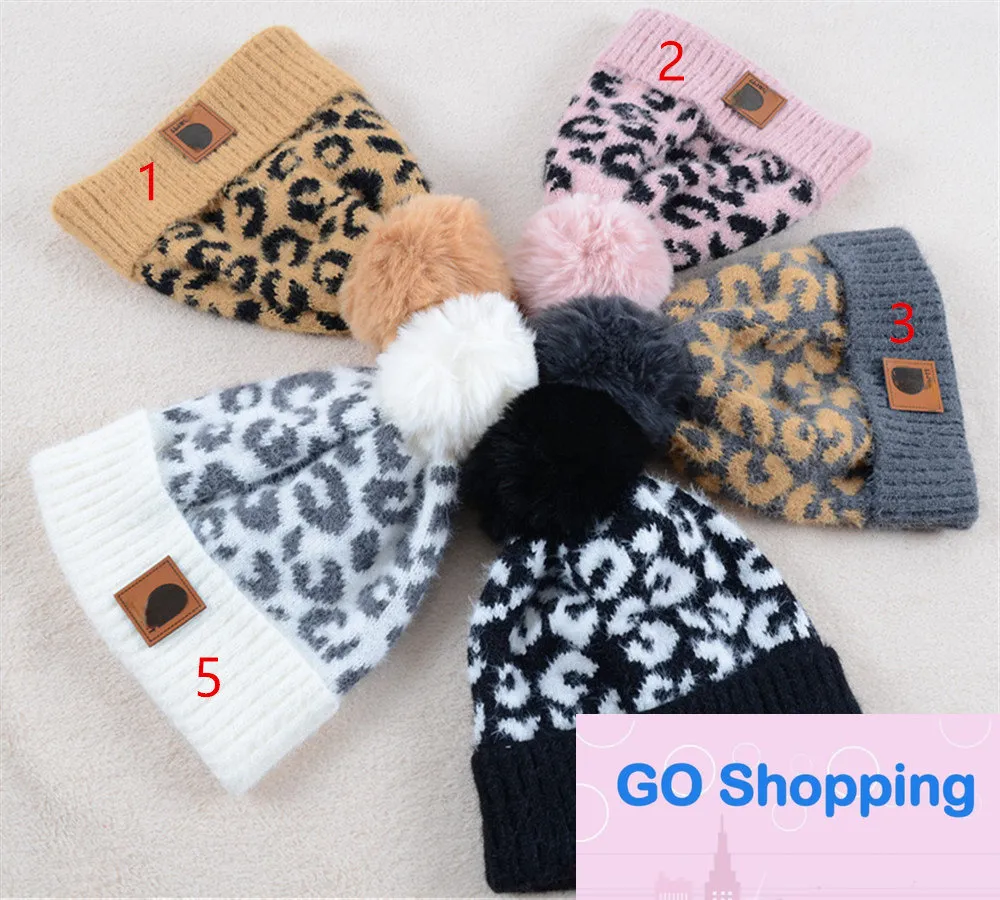 Autumn Knitting Warm Hat Leopard Print pälsboll hatt marten päls plysch hylsa mössa vinter kvinnor